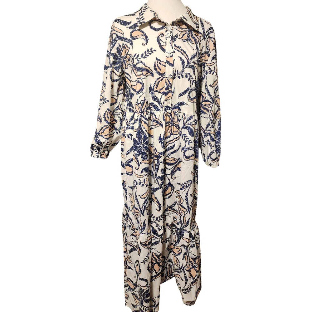 Rachel Zoe Navy Paisley Floral Button Front Tiered Maxi Dress Size Large